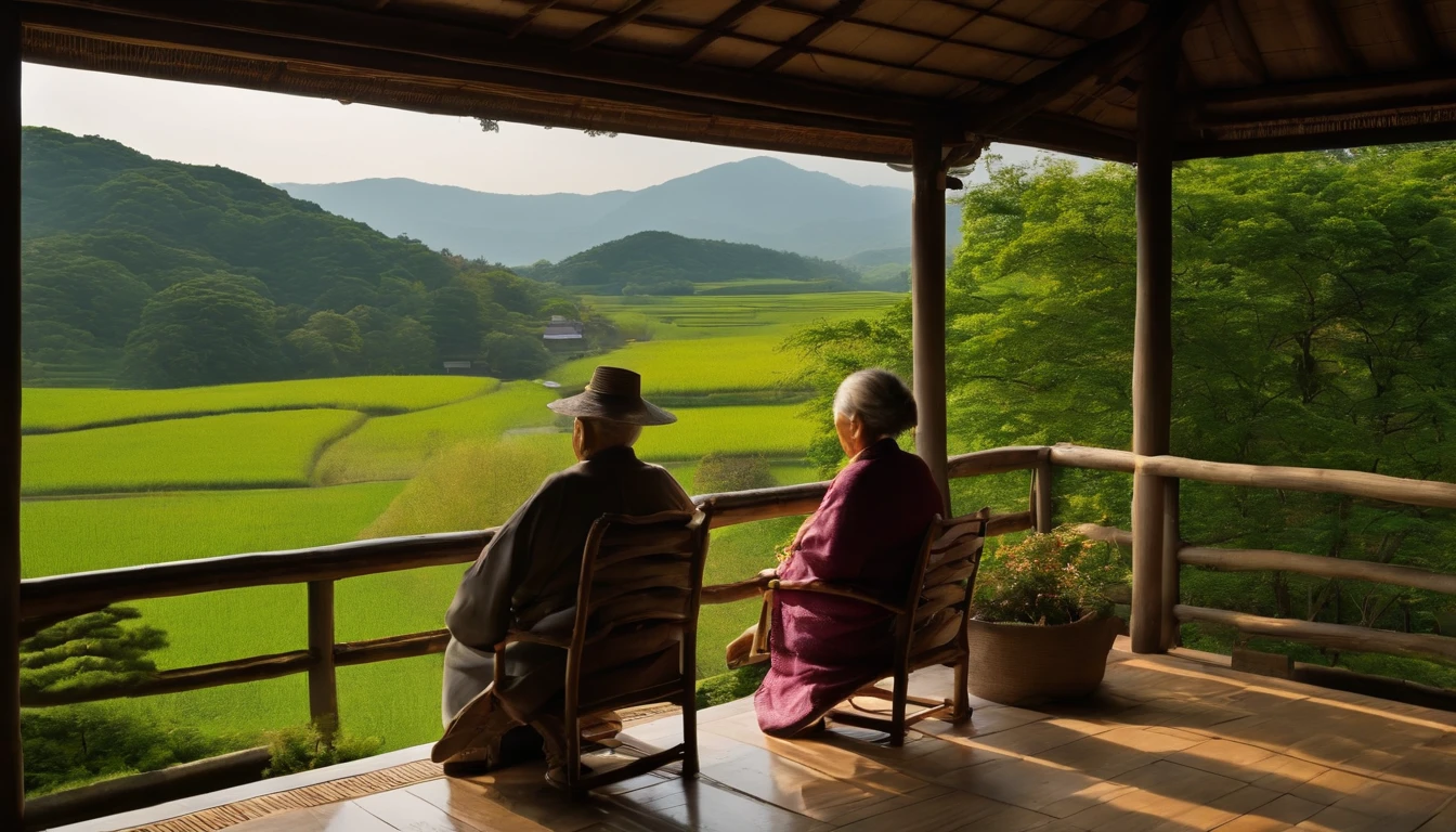 Rear view of an elderly couple sitting on the porch of their house,Countryside landscape in Japan,Wife and grandpa,common old house