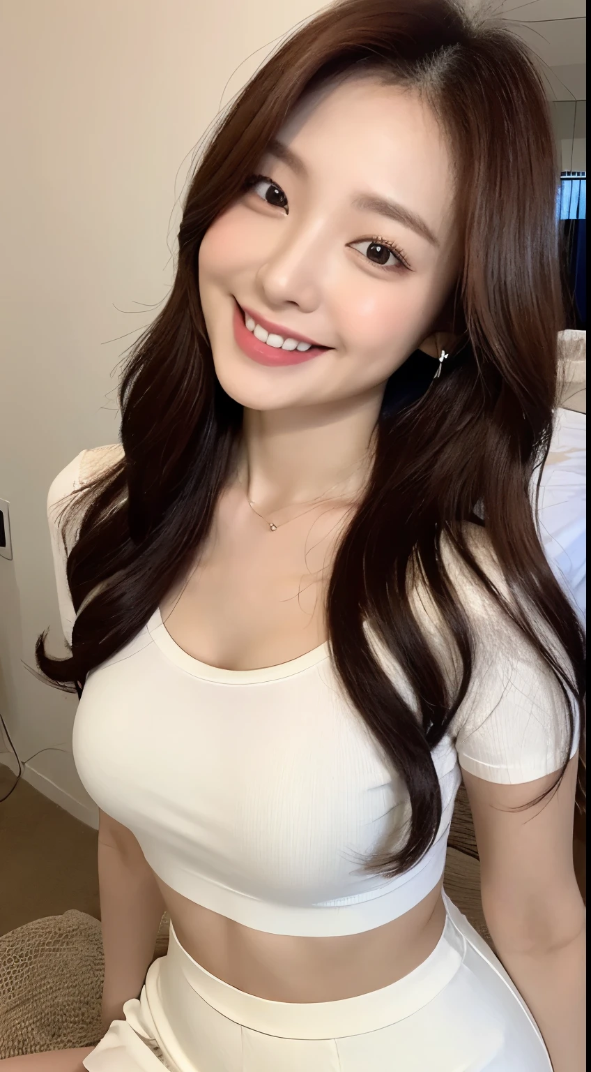 White tight shirt、White tight mini skirt、bed、smile、short sleeve、high resolution、Hallyu Idol Face