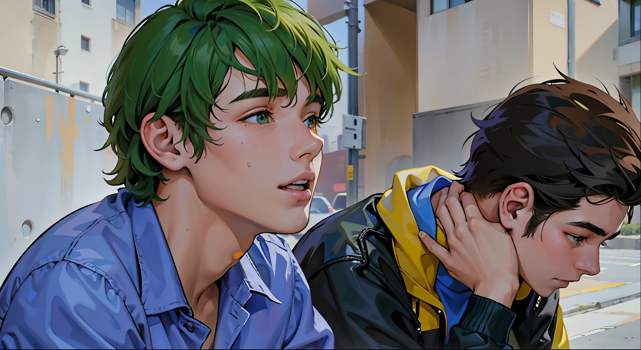There are two young people sitting next to each other on a bench, They are both 15 years old and in high school., tienen cabello color verde ojos verdes , esta mirando preocupado a alguien que se acerca