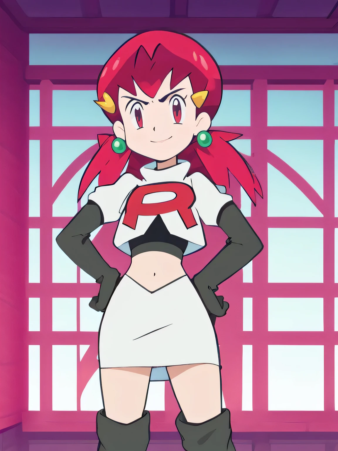 defwhitney, hair ornament ,glossy lips, earings ,team rocket uniform, red letter R, white skirt,white crop top,black thigh-high boots, black elbow gloves, closed mouth, evil smile, sexy posesteam rocket uniform, red letter r, white skirt,white crop top,black thigh-high boots, black elbow gloves, glaring angrily, looking at viewer, hands on hips, full body seen