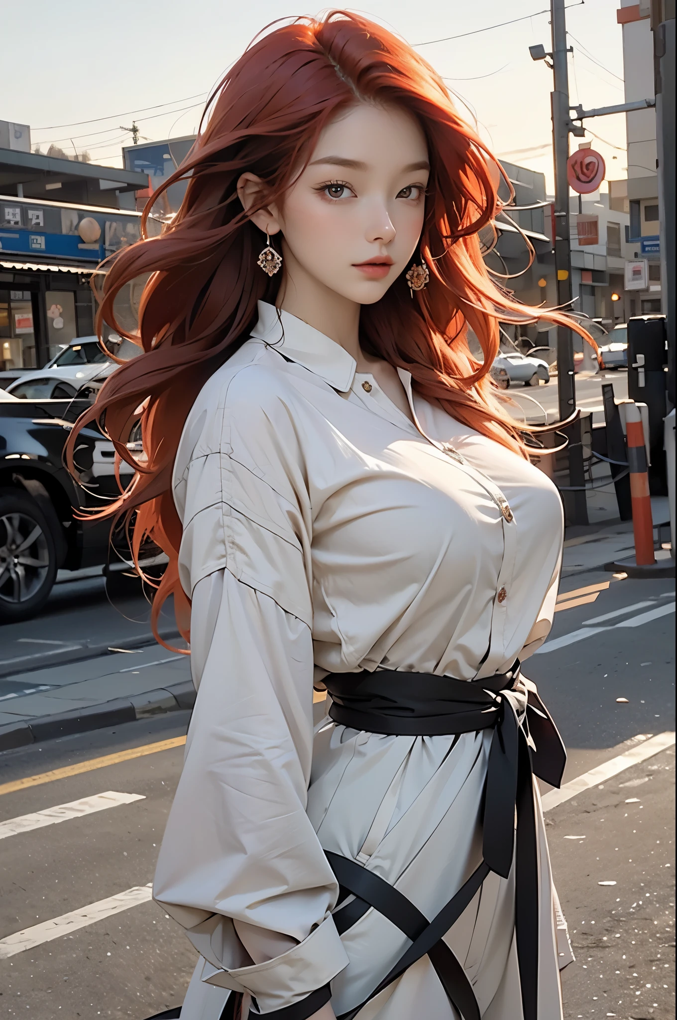 A photo of a red-haired woman with windblown hair, Her hair tangled like fire in the dusk sky, Exuding uninhibited beauty。huge breasts