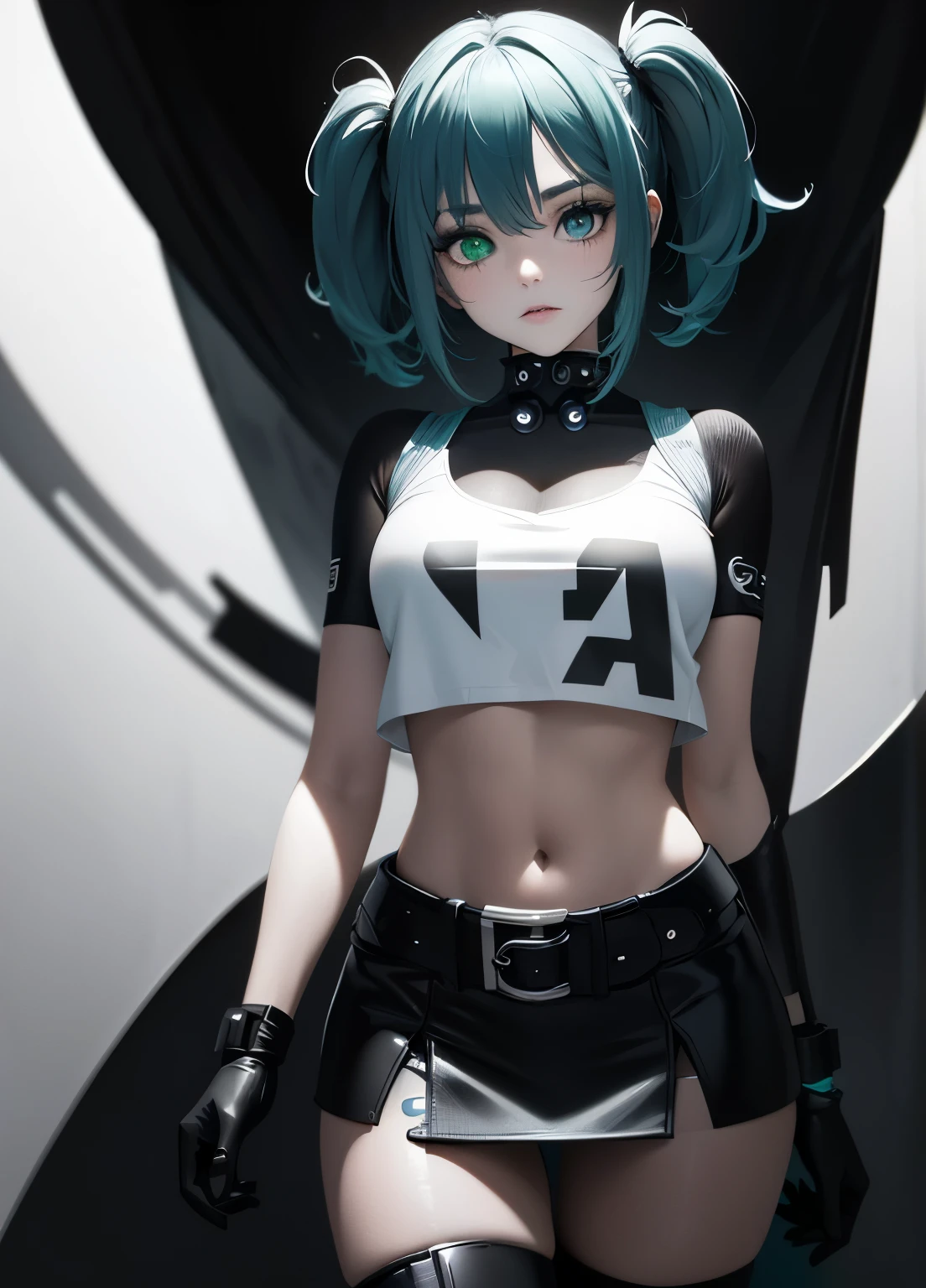 blue/green eyes, black and white (masterpiece, top quality, best quality, official art, beautiful and aesthetic:1.2), tricky cyberpunk black rabbit designed boot-top graphics on the front of each boot (1girl:1.3), heterochromia, SharpEyess ,from below, gear,white background, full-body_portrait, white tops and black mini skirt, wearing black boots,SharpEyess