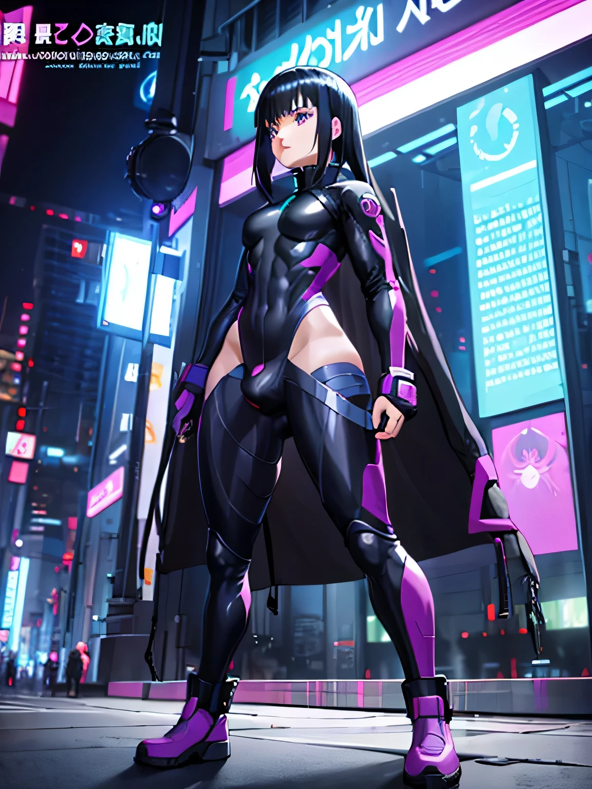 Anime Detailed Beautiful CyberPunk Woman, Athletic Body dressed ghost in the shell Suit, World of CyberPunk, small , black long hair, (big bulge), big cock, big dick, light purple eyes