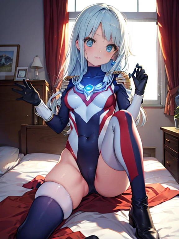 highest quality,sleep on your back in bed，Crab crotch，show me your boots，Leotard sneak peek，glove，elegant, 1 girl, ultraman bodysuit ，cute, blushed, looking at the viewer, from below, prison，blue eyes, beautiful eyes, beautiful background, particles of light, Light of the sun, dramatic lighting, outside, shiny, realistic, table top, highest quality, Super detailed, get used to it, scenery, beautiful and detailed eyes, thin hair，full body shot，