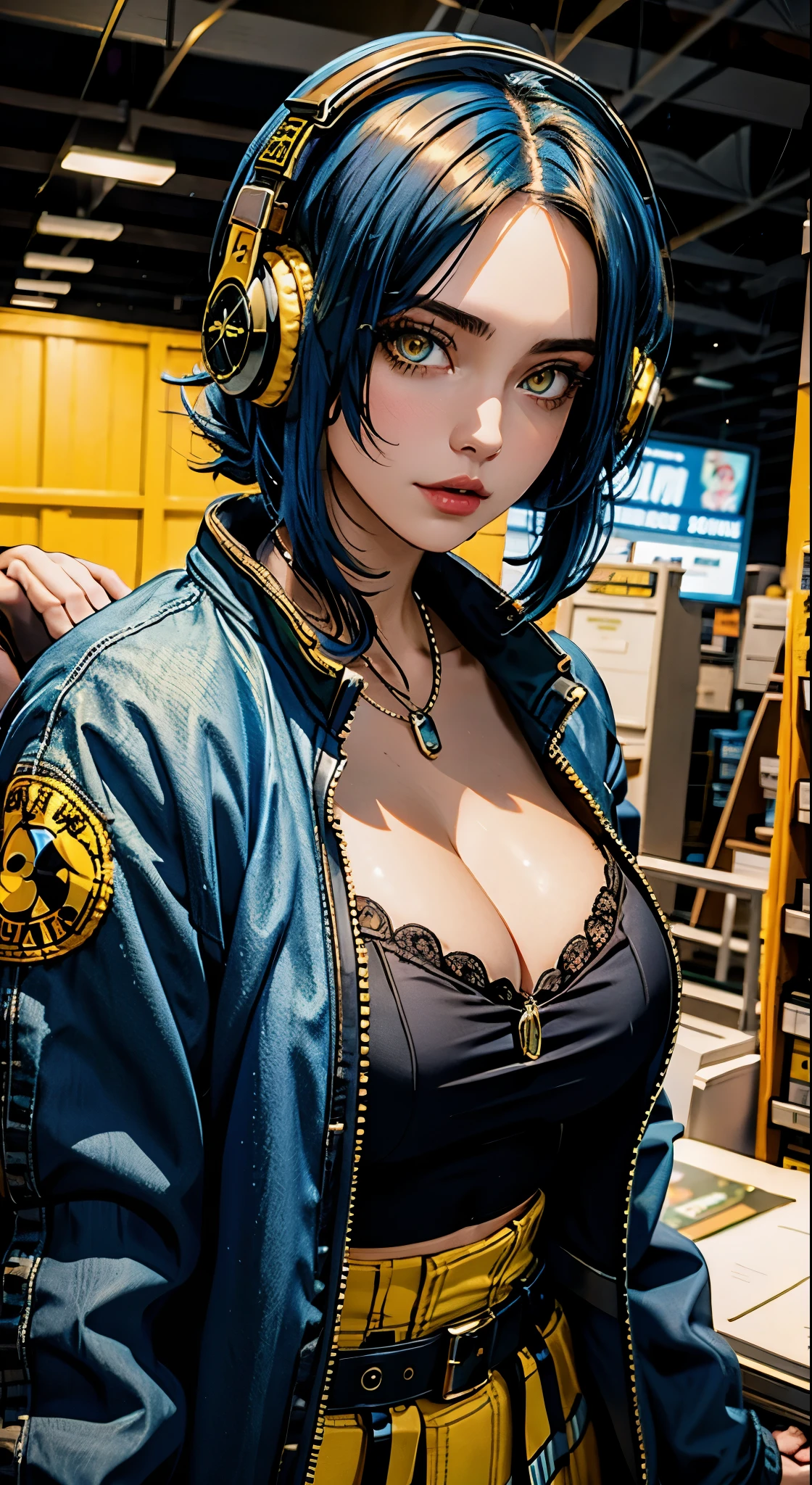Beautiful woman, blue hair, yellow eyes, large perfect snoopy breast, cleavage, highly detailed, black jacket,, vintage, dark fantasy, cowgirl, western style, headphones,