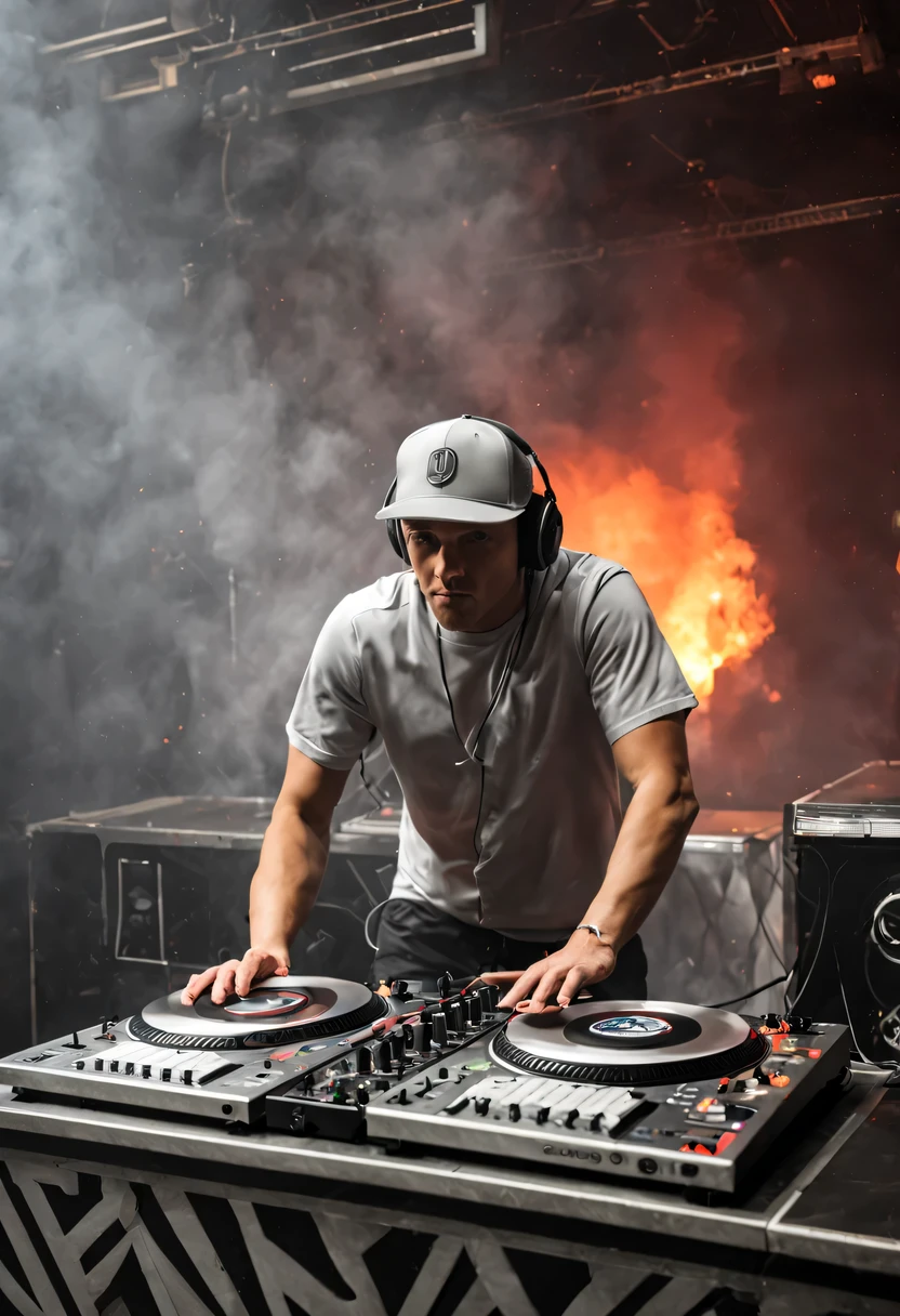 white male dj with grey cap in DJ booth, with fire & air cannons going off and female dancers behind