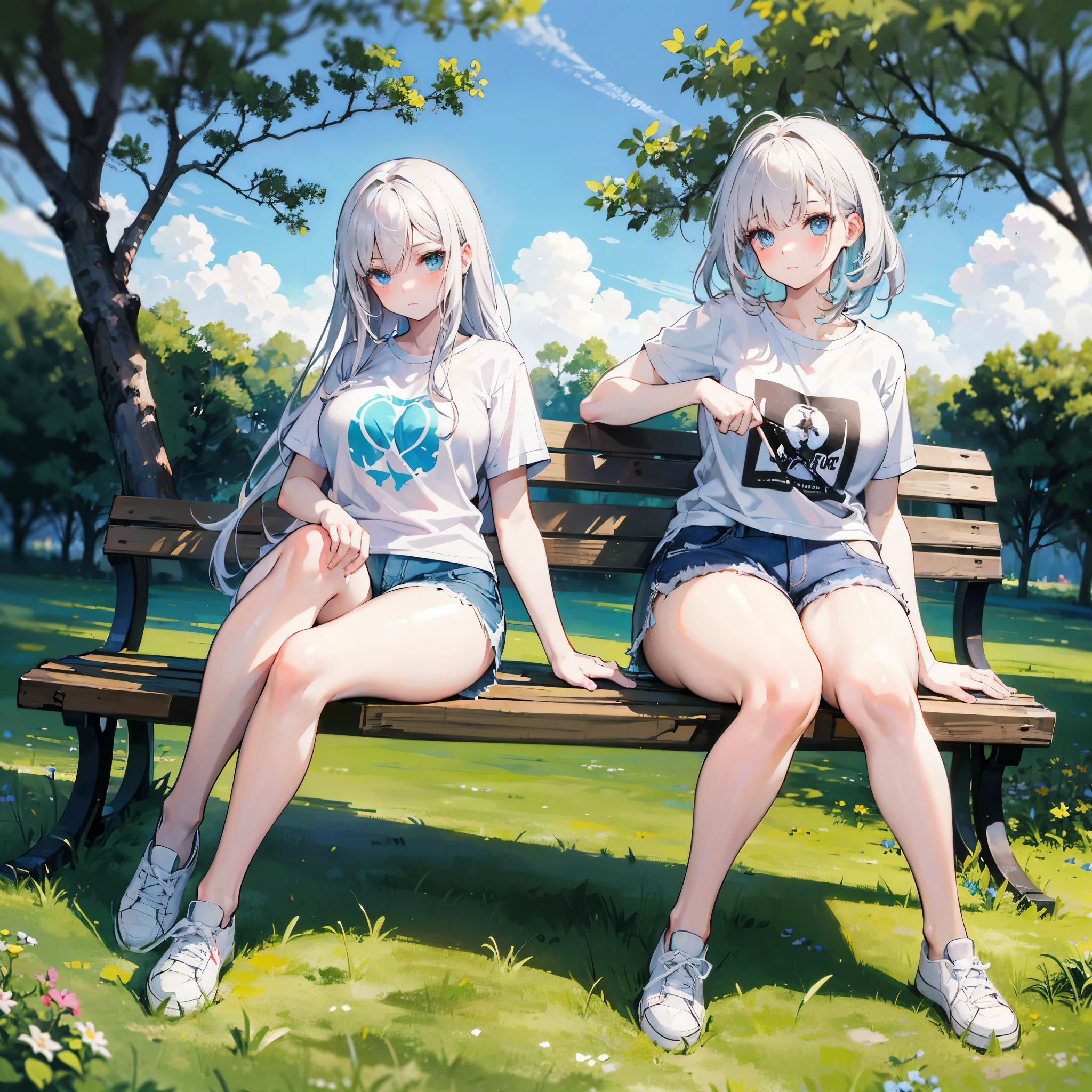 realistic image, coherent image, detailed image, 1 girl, , has white hair, long hair, light blue eyes, her face is oval and delicate, blushing, she is wearing a large t-shirt, jean mini shorts, moccasin sneakers, small breasts, curvy body, thick thighs, has an arched back, sitting on a bench, surrounded by trees, at the bottom of a park,