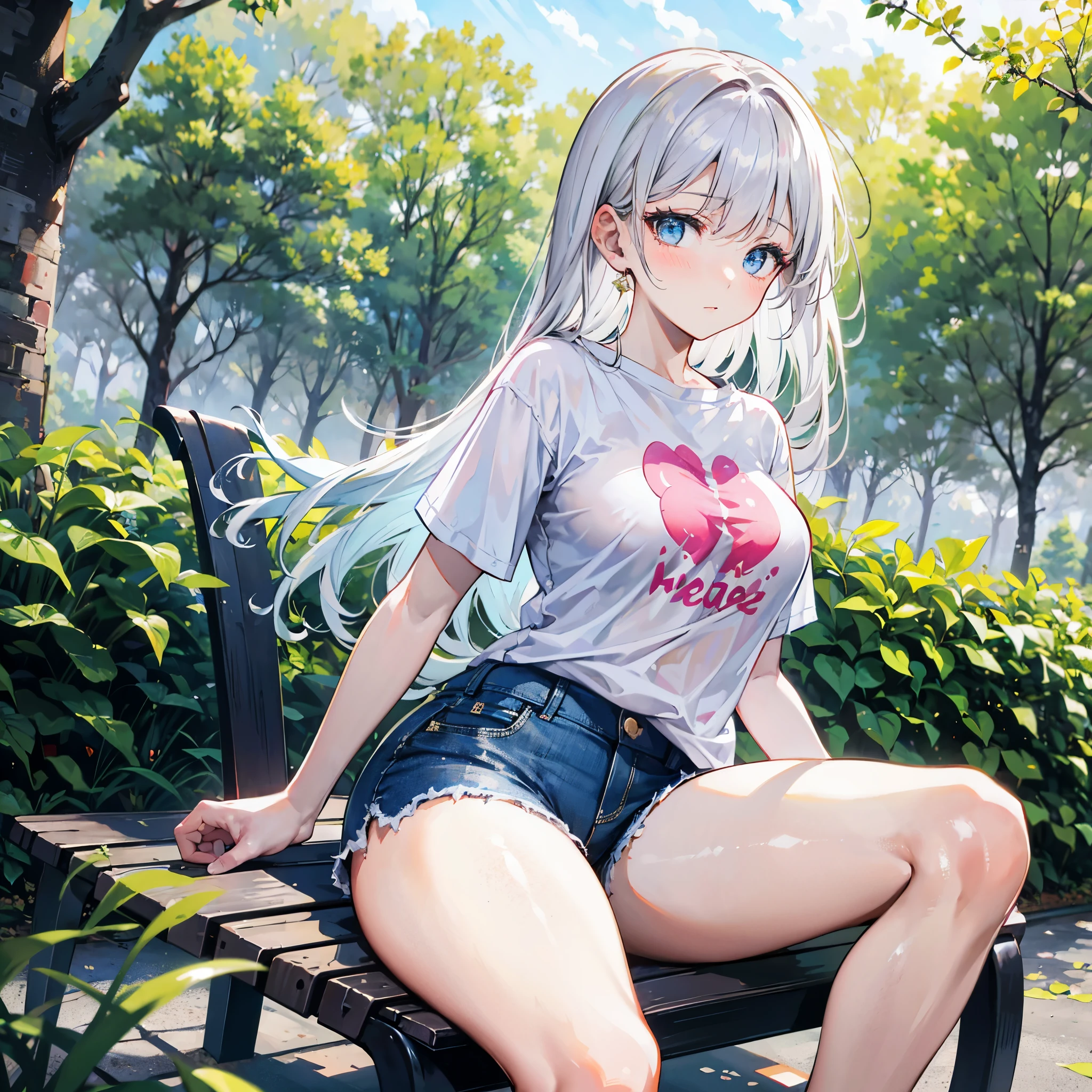 realistic image, coherent image, detailed image, 1 girl, , has white hair, long hair, light blue eyes, her face is oval and delicate, blushing, she is wearing a large t-shirt, jean mini shorts, moccasin sneakers, small breasts, curvy body, thick thighs, has an arched back, sitting on a bench, surrounded by trees, at the bottom of a park,