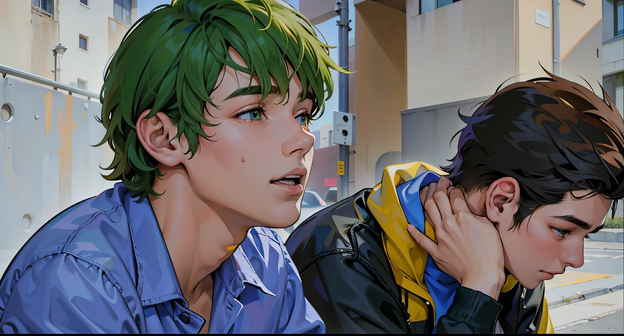 There are two young people sitting next to each other on a bench, They are both 15 years old and in high school., tienen cabello color verde ojos verdes , esta mirando preocupado a alguien que se acerca