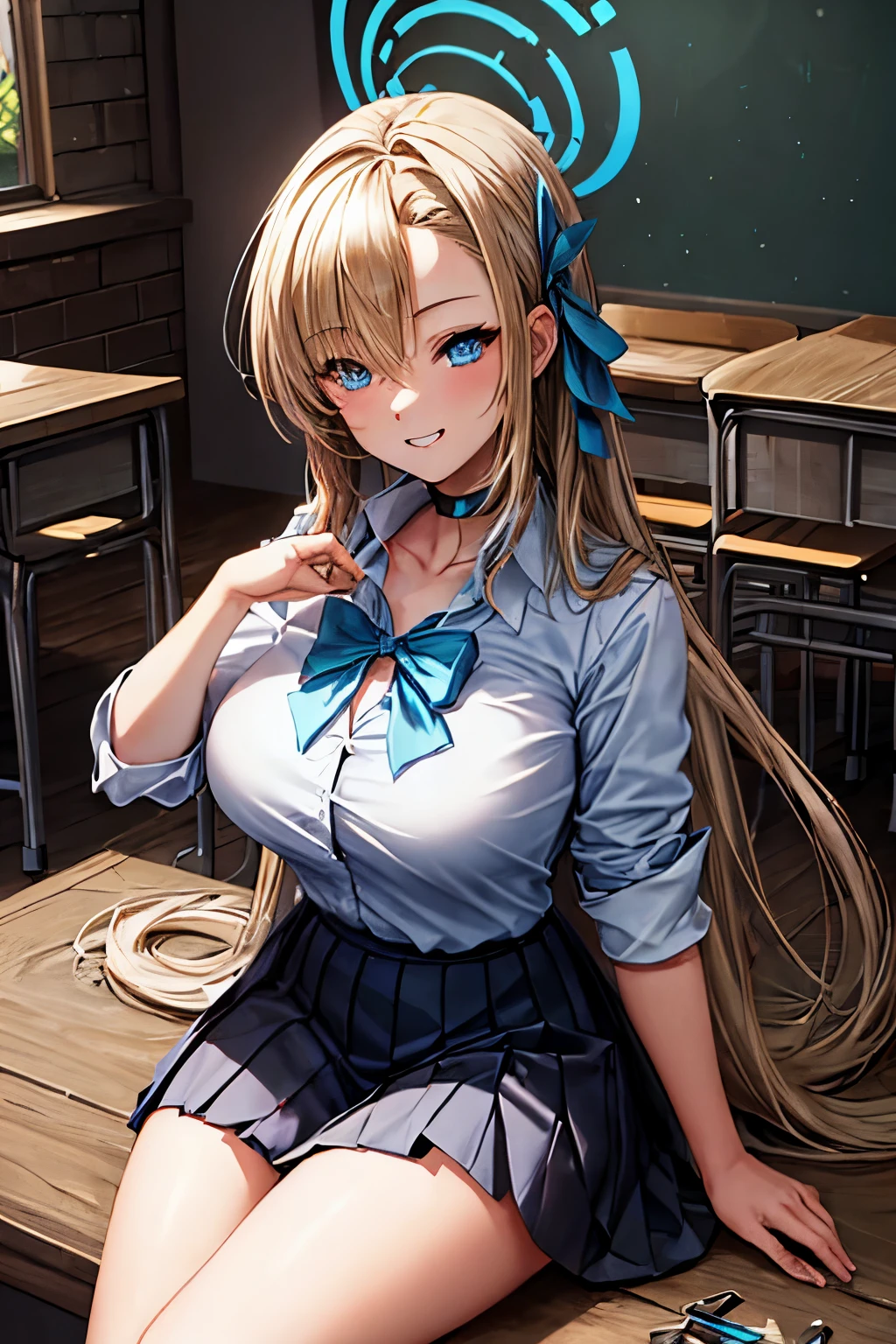 asunaichinose, asuna ichinose, blonde hair, blue eyes, hair bow, hair ornament, hair over one eye, halo, long hair, mole, mole on breast, mechanical halo, BREAK bow, choker, collarbone, dress shirt, hair scrunchie, miniskirt, school uniform, scrunchie, shirt, skirt, BREAK looking at viewer, BREAK classroom, BREAK (masterpiece:1.2), best quality, high resolution, unity 8k wallpaper, (illustration:0.8), (beautiful detailed eyes:1.6), extremely detailed face, perfect lighting, extremely detailed CG, (perfect hands, perfect anatomy),