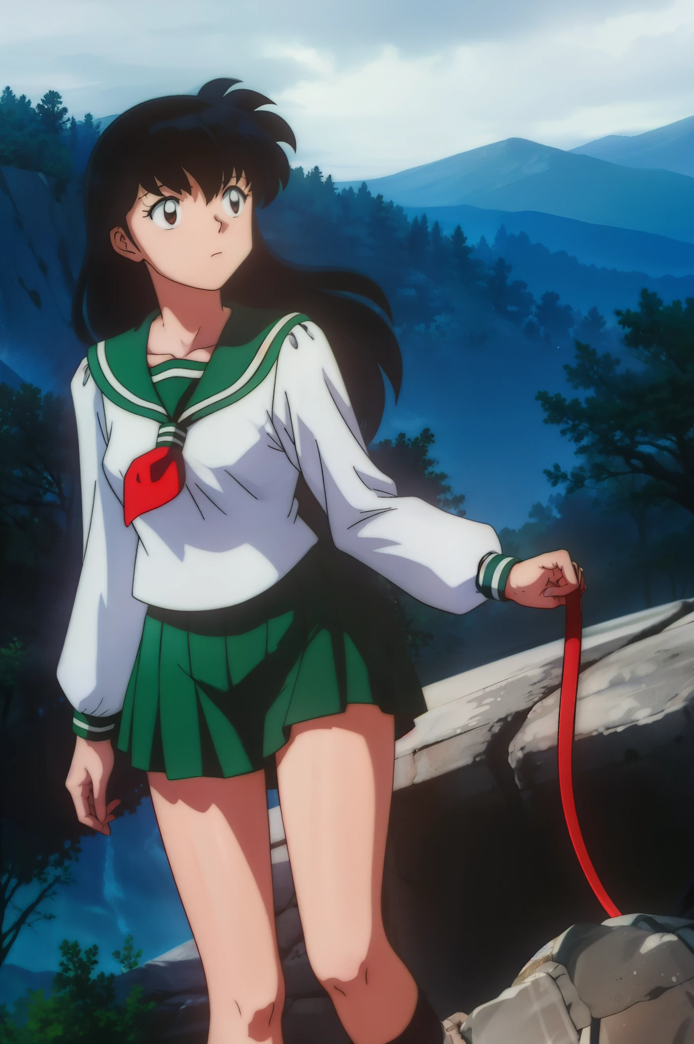 1girl, solo, outdoors, long hair, brown eyes, school uniform,(Masterpiece: 1.6, Best Quality), (Fine Beautiful Eyes: 1.2), (best quality, masterpiece, higher), green school uniform, soft thighs , long sleeves, white socks, scenery , Best Quality, ((anime)) ((Colored)) HD, Kagome Higurashi ,school uniforms, Standing, Green skirt, Red scarf, long hair, Black hair between the eyes, Thighs are soft, school background , black hair, skirt ,standing, green skirt, serafuku
