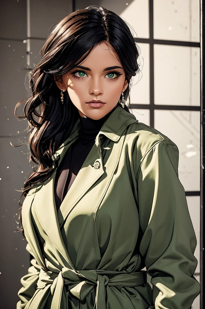 female, black coat, black closed buttoned-up black trench coat from the 1930's style, 5 foot 5 inches tall, slim body build, waist-length wavy brunette black hair, bright green eyes, 28 age, ethnicity india, ethnicity middle eastern.