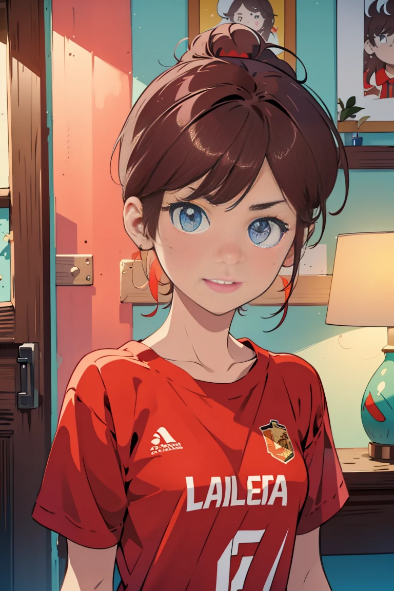 1 chica, hermosa chica, Piel clara , modelo adolescente , chica adolescente , , senos medianos , Ojos realistas, pecas en mejillas y nariz , gran sonrisa , Ojos azules hermosos y grandes, brown long hair , pony tail , neon lights, neon girl, neon wallpaper, imaginario, Fondo de pantalla 8K, Light and cool lighting, foto realista, celda sombreada, Gel lighting, ultra detalles, viste ropa de basket ball color rojo , ropa deportiva , maquillaje , labios rojos