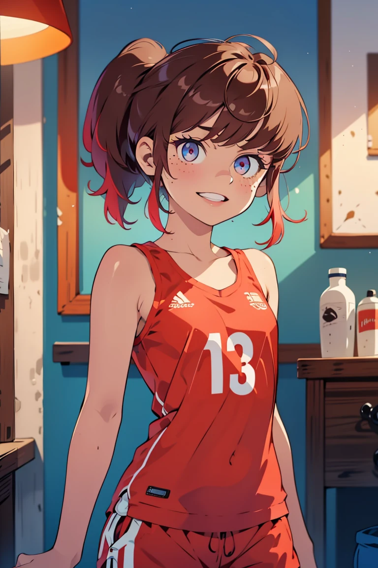 1 chica, hermosa chica, Piel clara , modelo adolescente , chica adolescente , 15 years, senos medianos , Ojos realistas, pecas en mejillas y nariz , gran sonrisa , Ojos azules hermosos y grandes, brown long hair , pony tail , neon lights, neon girl, neon wallpaper, imaginario, Fondo de pantalla 8K, Light and cool lighting, foto realista, celda sombreada, Gel lighting, ultra detalles, viste ropa de basket ball color rojo , ropa deportiva , maquillaje , labios rojos
