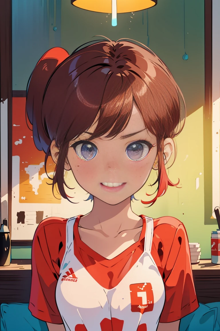 1 chica, hermosa chica, Piel clara , modelo adolescente , chica adolescente , 15 years,  senos medianos , Ojos realistas, pecas en mejillas y nariz , gran sonrisa  , Ojos azules hermosos y grandes, brown long hair , pony tail , neon lights, neon girl, neon wallpaper, imaginario, Fondo de pantalla 8K, Light and cool lighting, foto realista, celda sombreada, Gel lighting, ultra detalles, viste ropa de basket  ball color rojo , ropa deportiva , maquillaje , labios rojos 