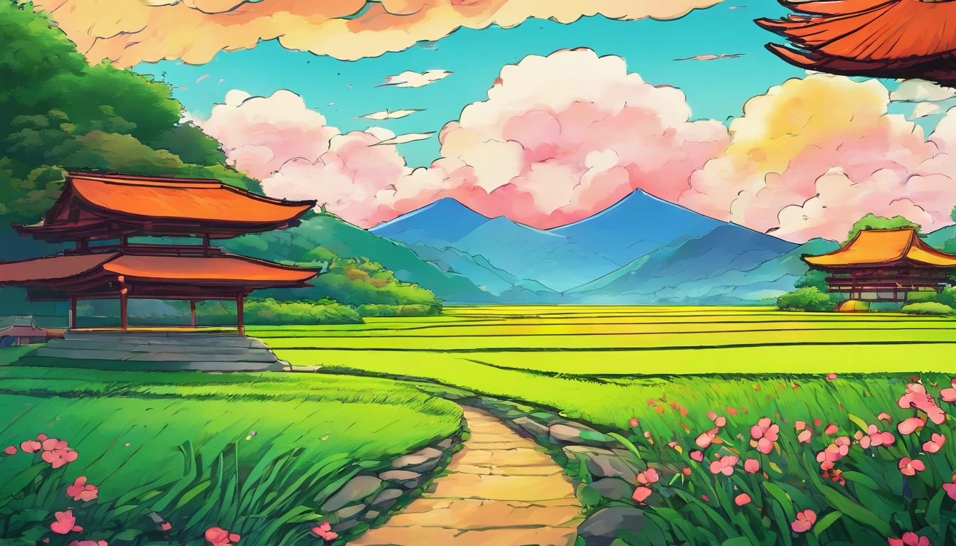 8k、high quality、Mountain、Thatched roof、Paddy field