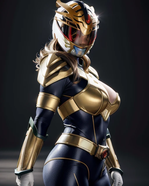 A busty girl cosplay power rangers character wearing helmet,bigtits giganticboobs,busty,bigass,very detailed skin texture, sharp eyes,dark background with light from the left side, hyper realistic, HD image