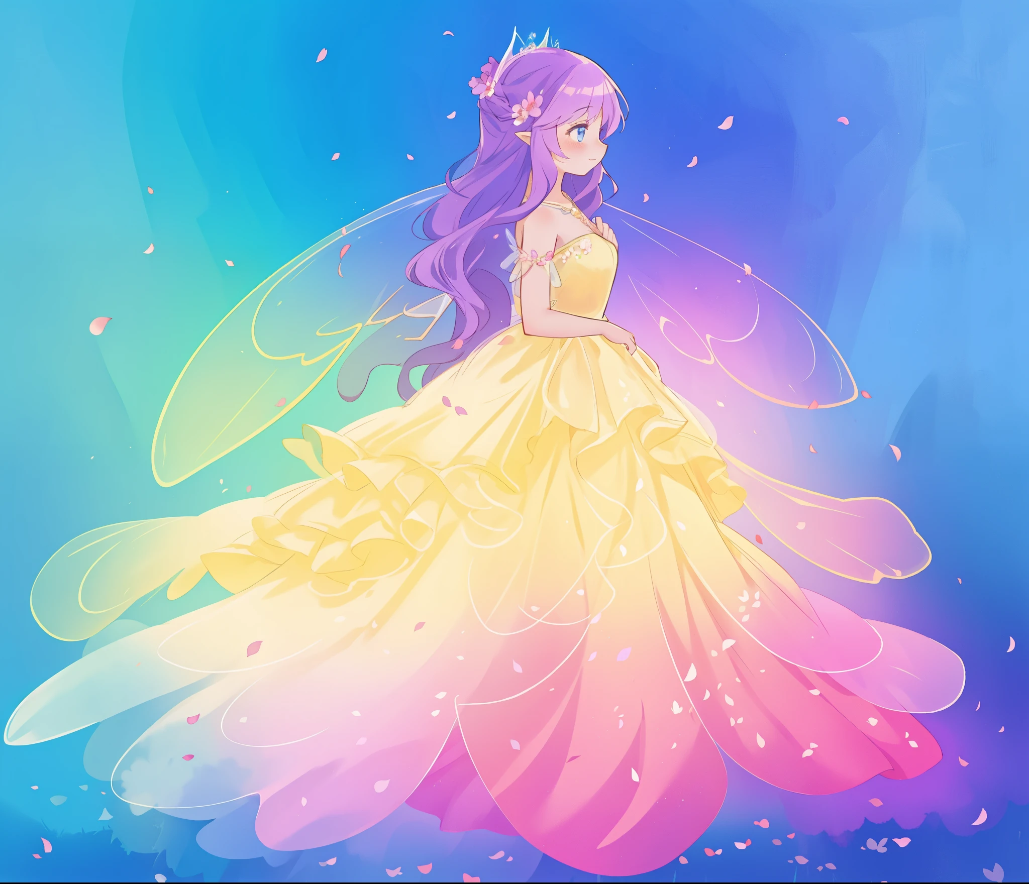 beautiful girl in tiered gradient ballgown dress, gradient colorful dress, ((layered flower petal skirt)), fairy dress, fairy queen, magical fantasia background, (glowing fairy wings), glowing flowing ballgown, long wavy hair, sparkling fairy wings, watercolor illustration, inspired by Glen Keane, inspired by Lois van Baarle, disney art style, jen bartel, beautiful digital illustration, beautiful, masterpiece, best quality, anime disney style