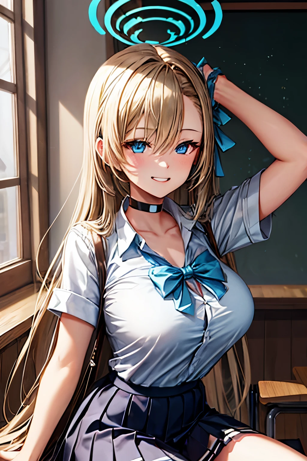 asunaichinose, asuna ichinose, blonde hair, blue eyes, hair bow, hair ornament, hair over one eye, halo, long hair, mole, mole on breast, mechanical halo, BREAK bow, choker, collarbone, dress shirt, hair scrunchie, miniskirt, school uniform, scrunchie, shirt, skirt, BREAK looking at viewer, BREAK classroom, BREAK (masterpiece:1.2), best quality, high resolution, unity 8k wallpaper, (illustration:0.8), (beautiful detailed eyes:1.6), extremely detailed face, perfect lighting, extremely detailed CG, (perfect hands, perfect anatomy),