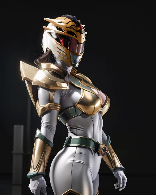 A busty girl cosplay power rangers character wearing helmet,bigtits giganticboobs,busty,bigass,very detailed skin texture, sharp eyes,dark background with light from the left side, hyper realistic, HD image