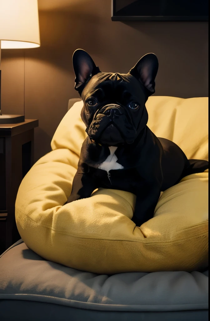 (a black French bulldog sitting on a yellow cushion and turned sideways), (best quality, HDR, highres, ultra-detailed:1.2), (super realistic image), (vivid colors), (studio lighting)