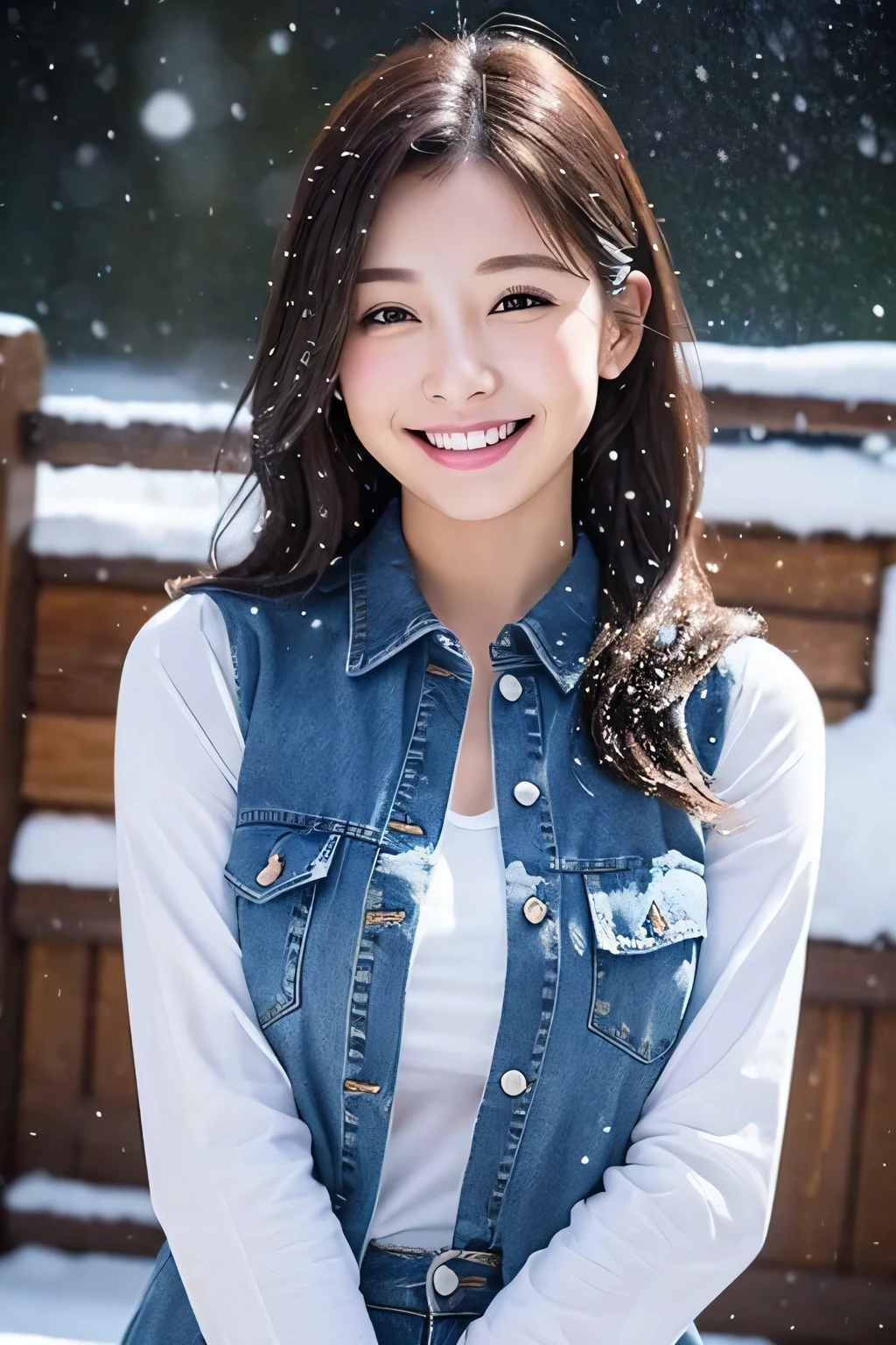 Denim shirt、medium breasts、valley、A beautiful woman with a sense of transparency、cute、smile、It's snowing、upper body up、Snow falling in the background