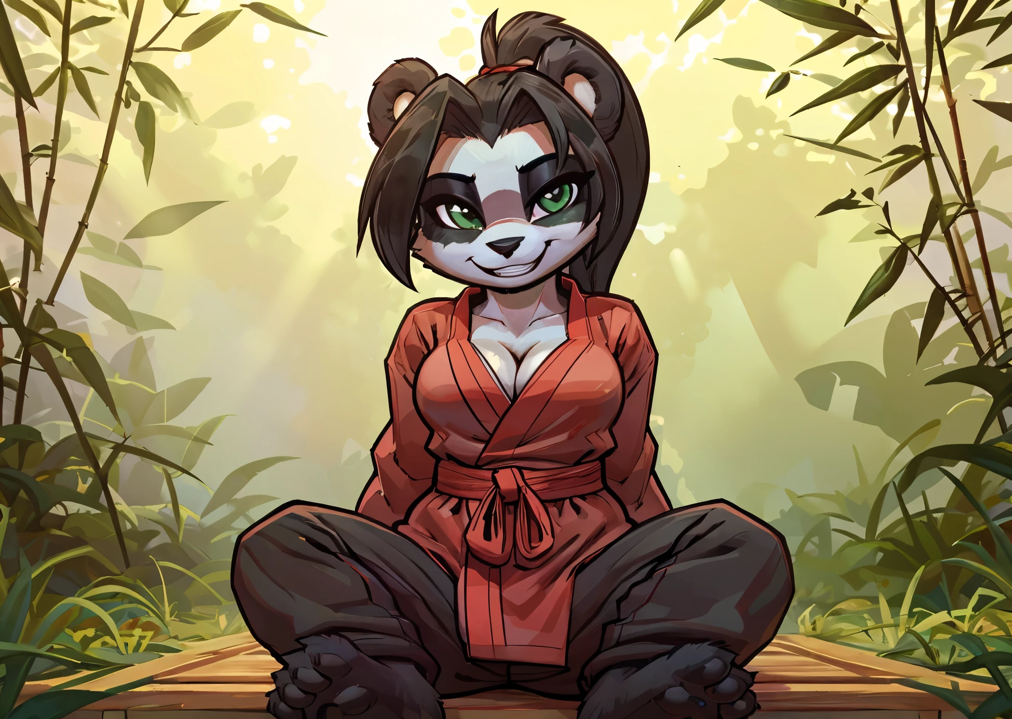 [li li stormstout], [Uploaded to e621.net; (Pixelsketcher), (wamudraws)], ((masterpiece)), ((HD)), ((solo portrait)), ((full body)), ((front view)), ((feet visible)), ((furry; anthro)), ((detailed fur)), ((detailed shading)), ((beautiful render art)), ((intricate details)), {anthro panda; (black fur), (white fur), black nose, (cute green eyes), (short eyelashes), short black hair, (ponytail), (curvy hips), (beautiful legs), (beautiful paw feet), (cute grin)}, {(red chinese robe), (long sleeves), (cleavage), (baggy red pants)}, {(sitting), (legs spread open), (hands in lap), (looking at viewer)}, [background; (bamboo forest), (blue sky), (sun rays), (cloudy), (ambient lighting)]