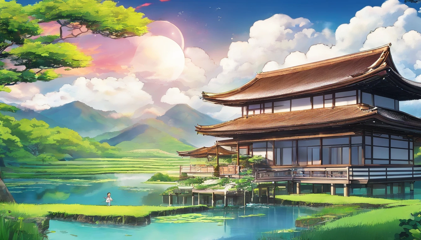 8k、high quality、Mountain、Paddy field、thatched roof house、it's raining、Cloudy