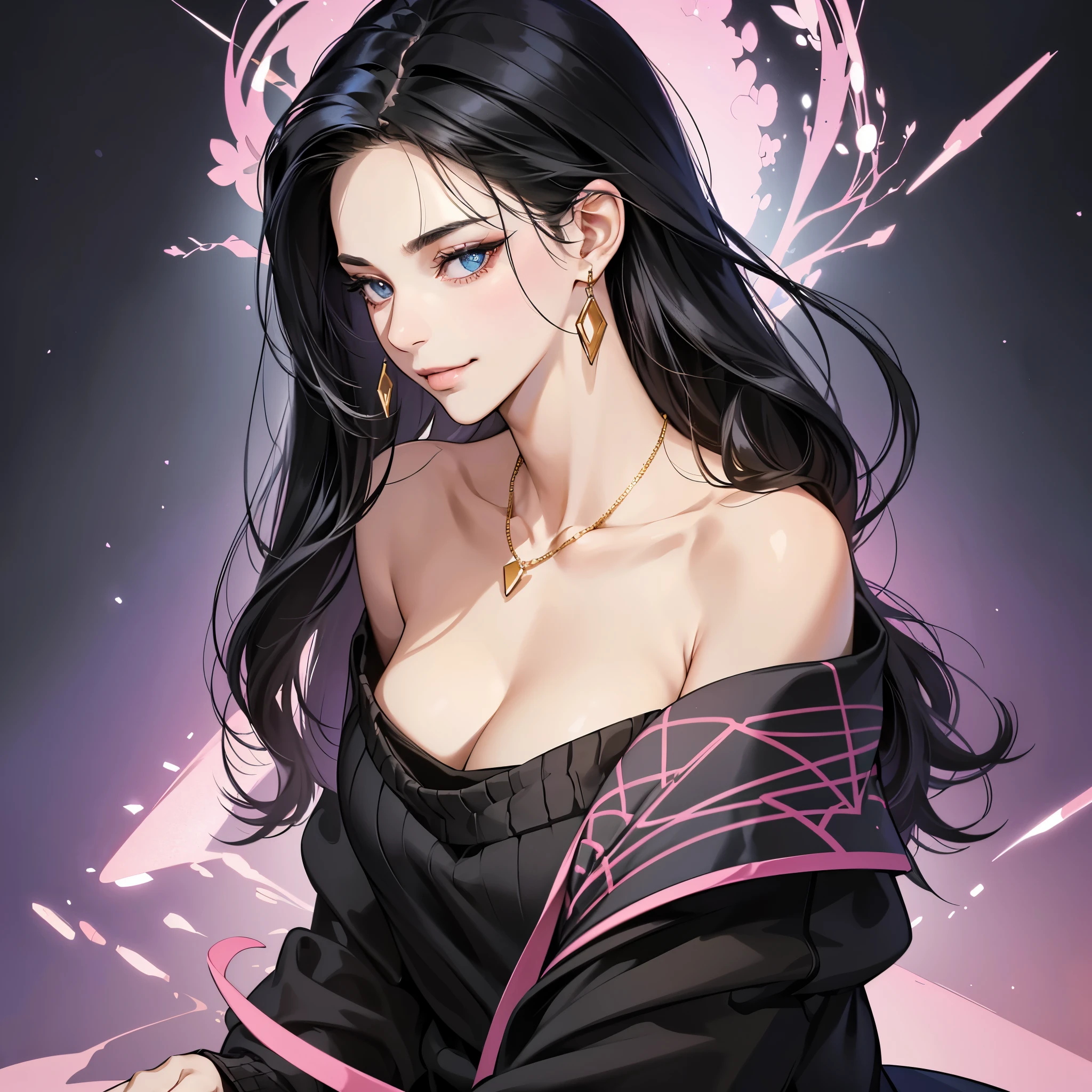 (table top, digital art, digital illustration, 4K, 8K, super detailed, beautiful images, clear image, realistic, RAW photo, perfect face, perfect lines, perfect eyes, soft lighting) ,1 female, (long black hair,Bullish gaze,beautiful woman,closed mouth,smirk,Mature,slender,23 year old female,:1.3),Wearing an off-shoulder black sweater and looking at the viewer、pink gold earrings and necklace、only Black and blue gradient background