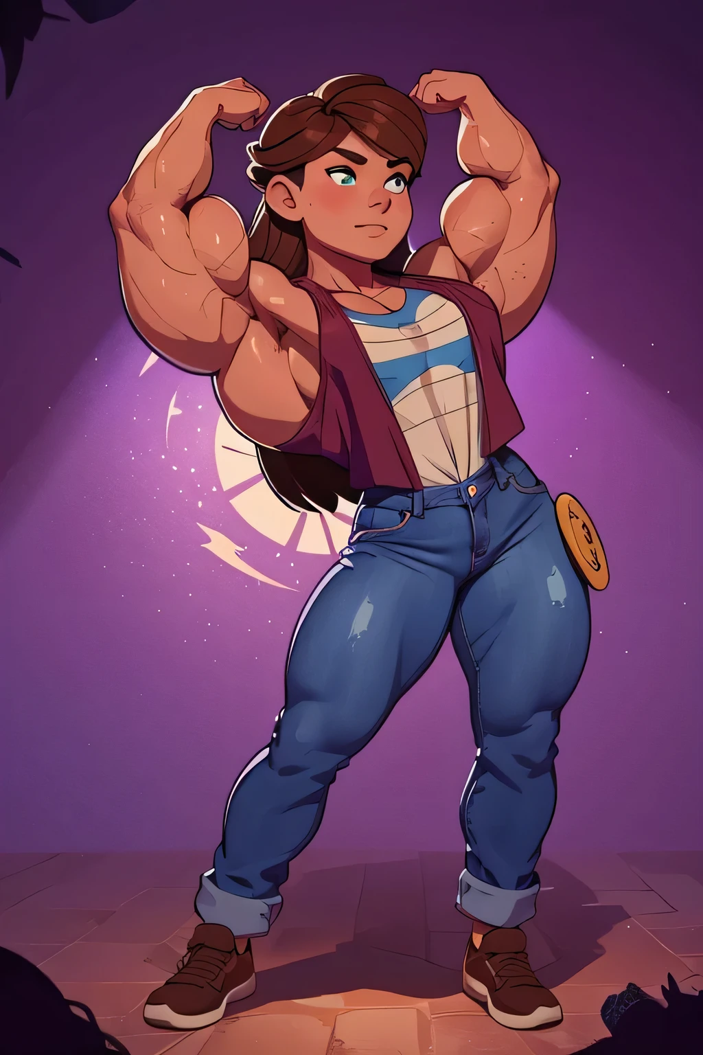 muscle girl with High cheekbones and a strong jawlineflexing muscles wearing purple muscle shirt and light blue jeans, her hair a rich chestnut brown, giving her a dynamic and youthful appearance, muscle woman, big muscles, huge muscles, massive muscles, muscle girl, bronze skin, Her facial features are a mix of determination and kindness, with expressive eyes that radiate a sense of adventure
