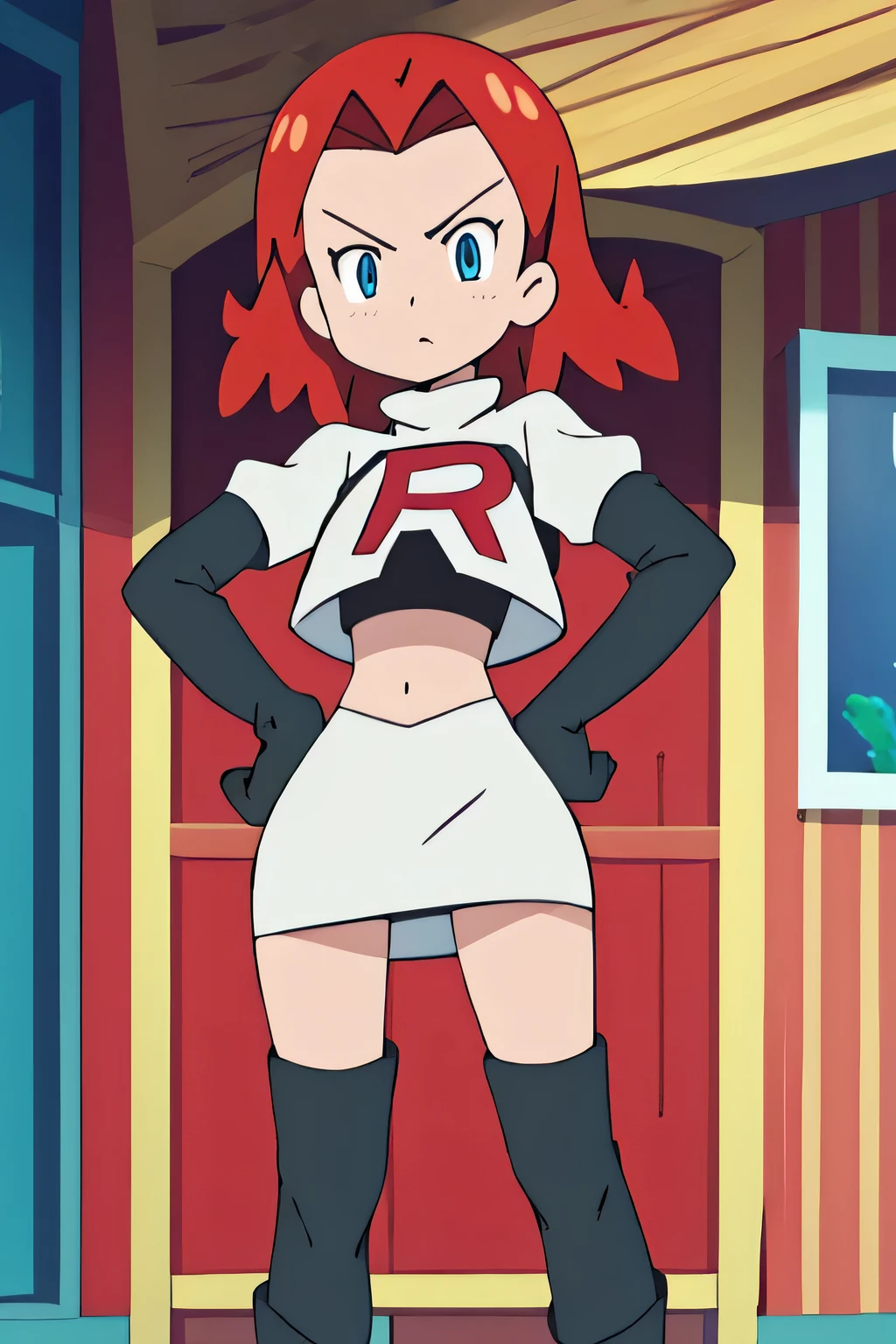 annette_war ,glossy lips, light makeup ,team rocket,team rocket uniform, red letter R, white skirt,white crop top,black thigh-high boots, black elbow gloves, sinister villianess look, looking down on viewer, hands on hipsteam rocket uniform, red letter r, white skirt,white crop top,black thigh-high boots, black elbow gloves, glaring angrily, looking at viewer, hands on hips, full body seen
