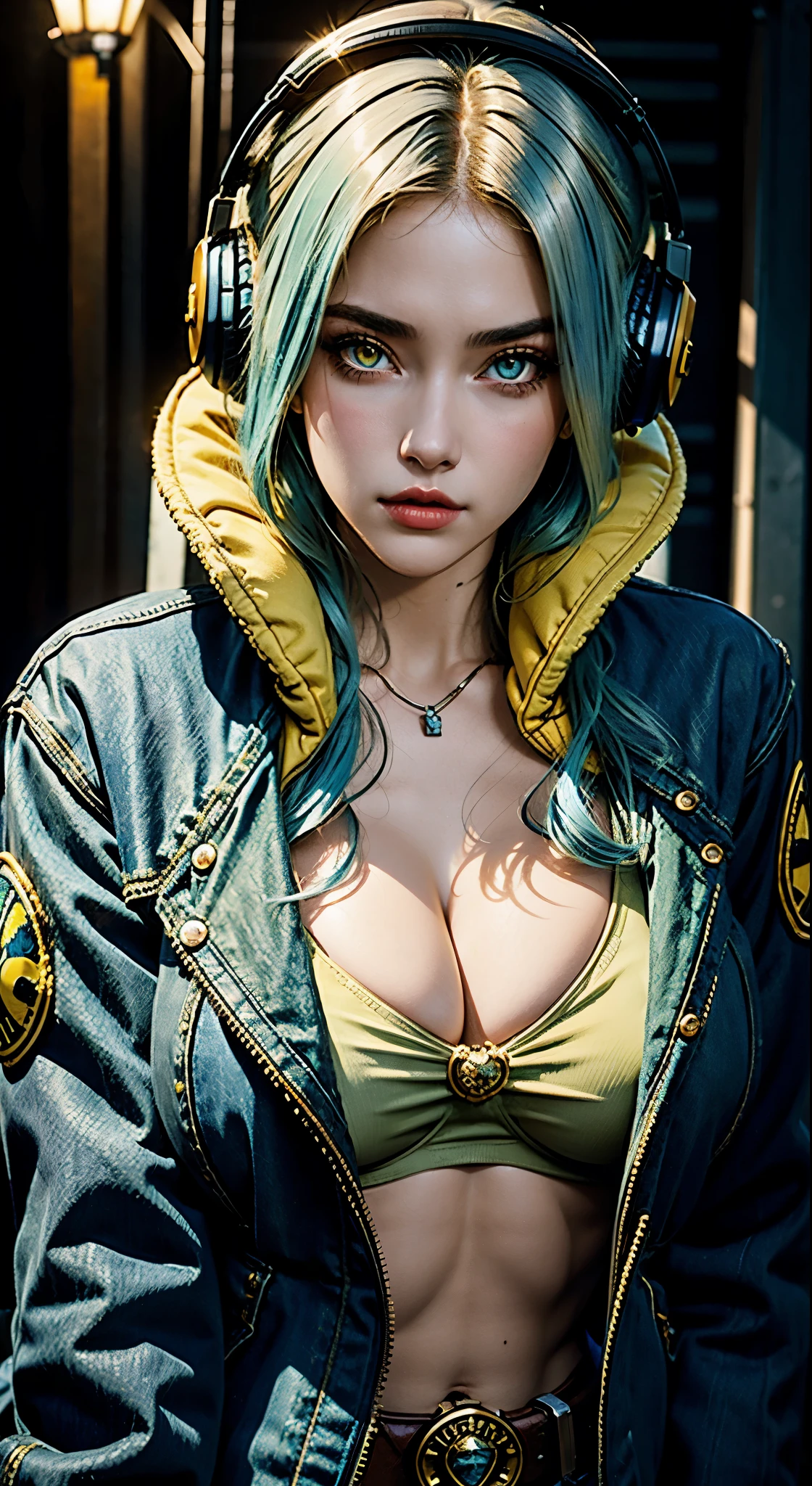 Beautiful woman, blue hair, yellow eyes, large perfect snoopy breast, cleavage, highly detailed, black jacket,, vintage, dark fantasy, cowgirl, western style, headphones,