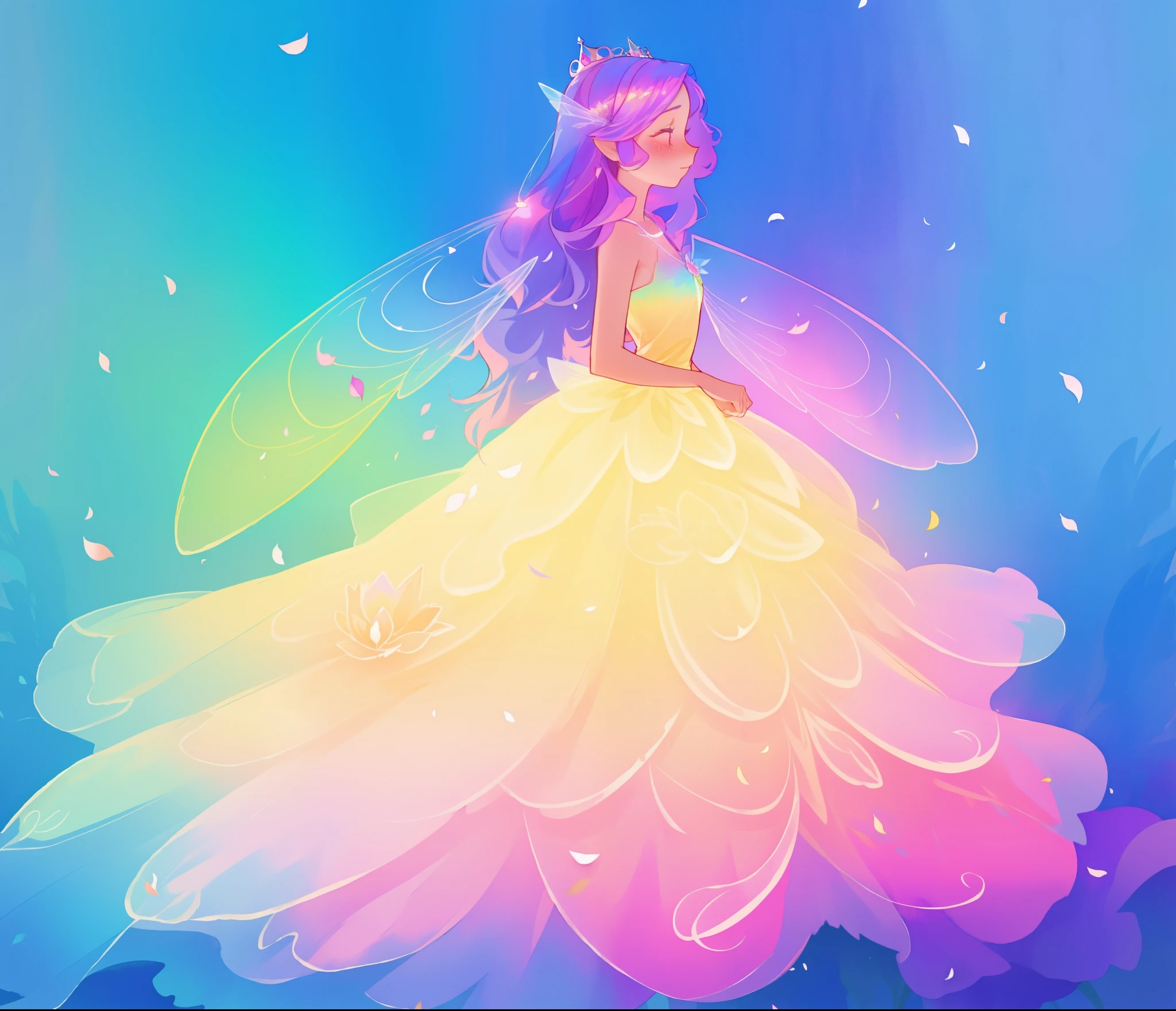 beautiful girl in tiered gradient ballgown dress, gradient colorful dress, ((layered flower petal skirt)), fairy dress, fairy queen, magical fantasia background, (glowing fairy wings), glowing flowing ballgown, long wavy hair, sparkling fairy wings, watercolor illustration, inspired by Glen Keane, inspired by Lois van Baarle, disney art style, jen bartel, beautiful digital illustration, beautiful, masterpiece, best quality, anime disney style