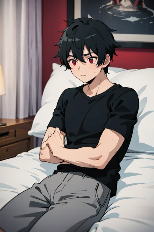  1 boy, lying in bed, black hair, red eyes, black t-shirt, gray shorts,