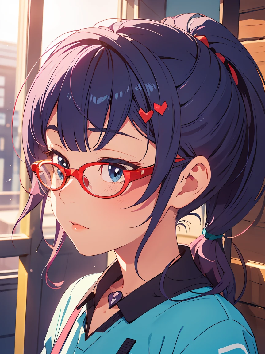 ((Solo)) chica, Cabello morado , pony tail,Mirada delicada, ojos azules, camisa de entrenamiento, Gafas, heart collar