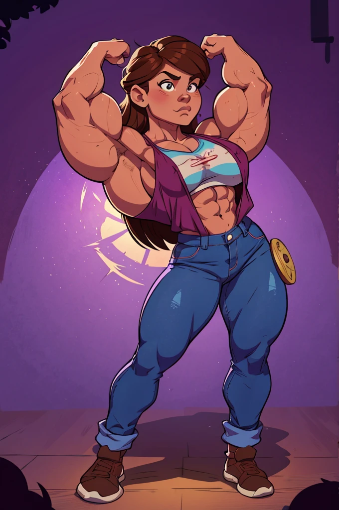 (masterpiece:1.2), (best quality), (ultra detailed), (8k, 4k, intricate),(full-body-shot:1), (highly detailed:1.2),(detailed face:1.2), (detailed background), muscle girl with High cheekbones and a strong jawlineflexing muscles wearing purple muscle shirt and light blue jeans, her hair a rich chestnut brown, giving her a dynamic and youthful appearance, muscle woman, big muscles, huge muscles, massive muscles, muscle girl, bronze skin, Her facial features are a mix of determination and kindness, with expressive eyes that radiate a sense of adventure