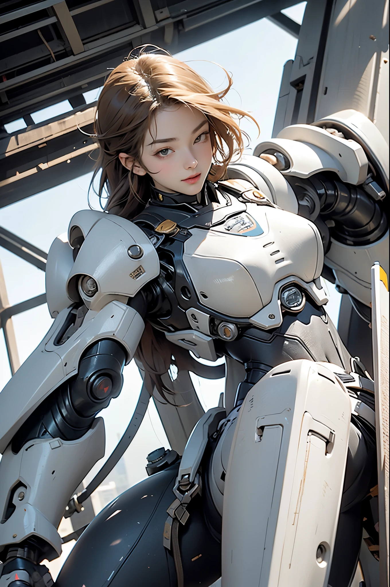 1 girl, Mecha, City, whole body, floating, Throw, from above, power armour, dynamic poses,（（huge breasts））