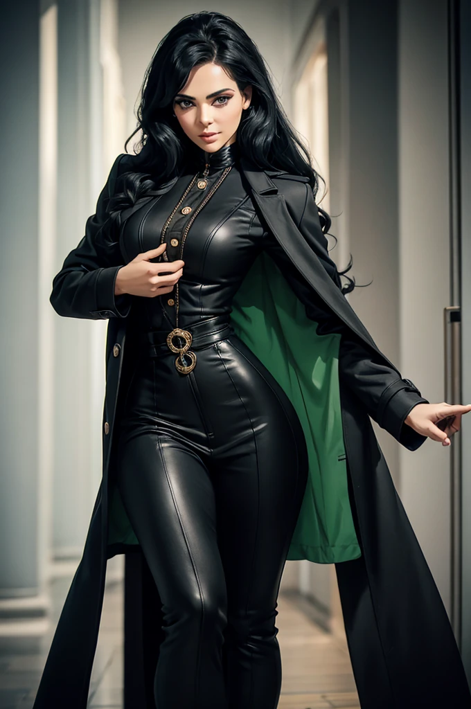 female, black coat, black closed buttoned-up black trench coat from the 1930's style, 5 foot 5 inches tall, slim body build, waist-length wavy brunette black hair, bright green eyes, 28 age, ethnicity india, ethnicity middle eastern.
