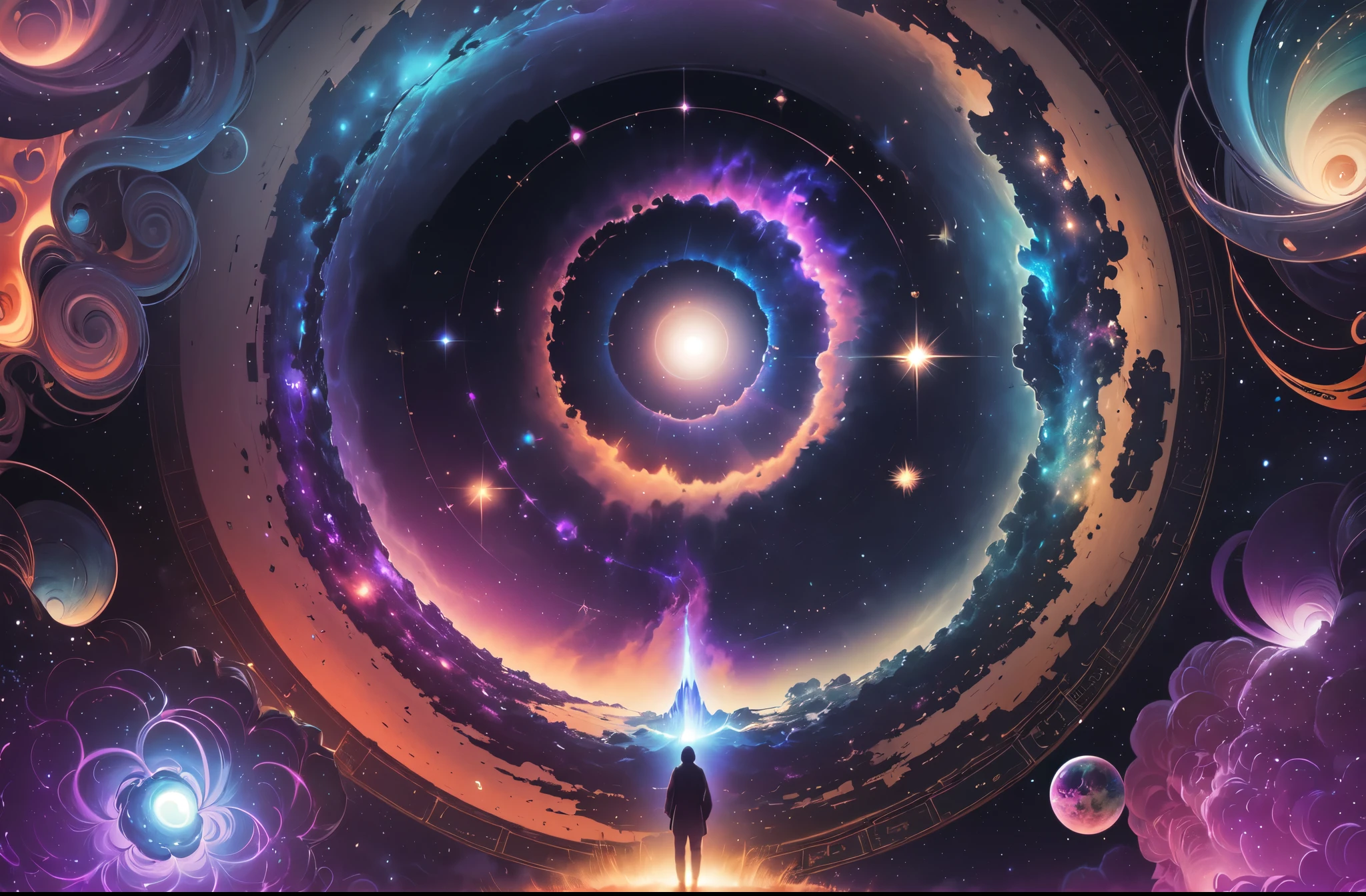 dream of paradise: Guided by AI,Embark on a journey through the universe. Visualizing ethereal galaxies, celestial body, Learn about interstellar phenomena through abstract and stunning works of art. Let the wonders of the universe inspire your creativity, Stardust turns into brush strokes,Nebula turns into an explosion of bright colors -