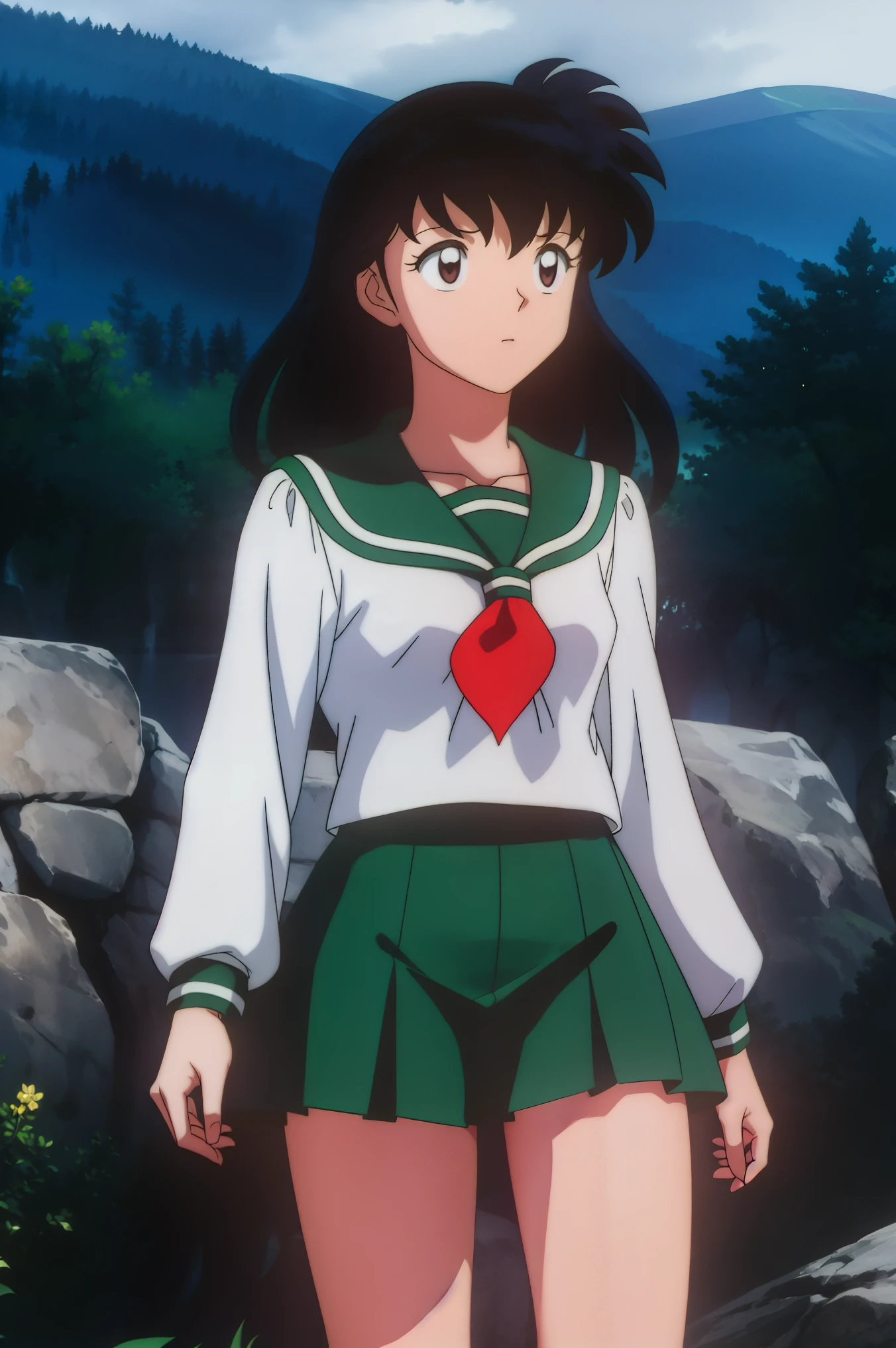 1girl, solo, outdoors, long hair, brown eyes, school uniform,(Masterpiece: 1.6, Best Quality), (Fine Beautiful Eyes: 1.2), (best quality, masterpiece, higher), green school uniform, soft thighs , long sleeves, white socks, scenery , Best Quality, ((anime)) ((Colored)) HD, Kagome Higurashi ,school uniforms, Standing, Green skirt, Red scarf, long hair, Black hair between the eyes, Thighs are soft, school background , black hair, skirt ,standing, green skirt, serafuku