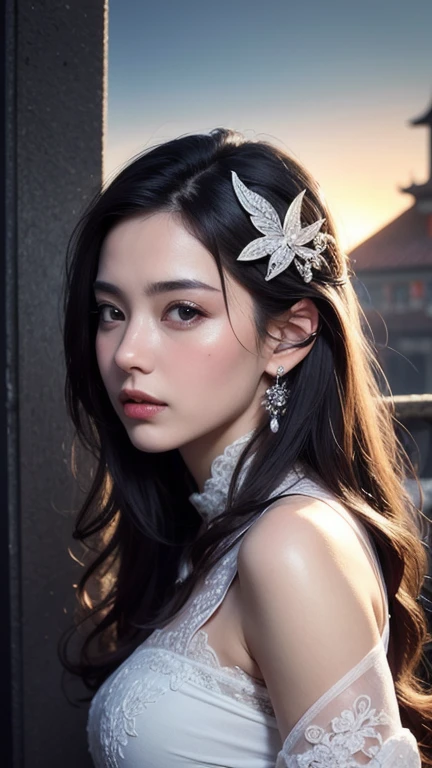 ((best quality)), ((masterpiece)), (detailed), perfect face( photo:1.2),best quality, ultra high res,dramatic angle,(fluttered detailed color splashs), (illustration),(((1 girl))),(long hair),(rain:0.9),(hair ornament:1.4),there is an ancient palace beside the girl,chinese clothes,(focus on), color Ink wash painting,(color splashing),colorful splashing,  (beautiful detailed sky),moon,highly