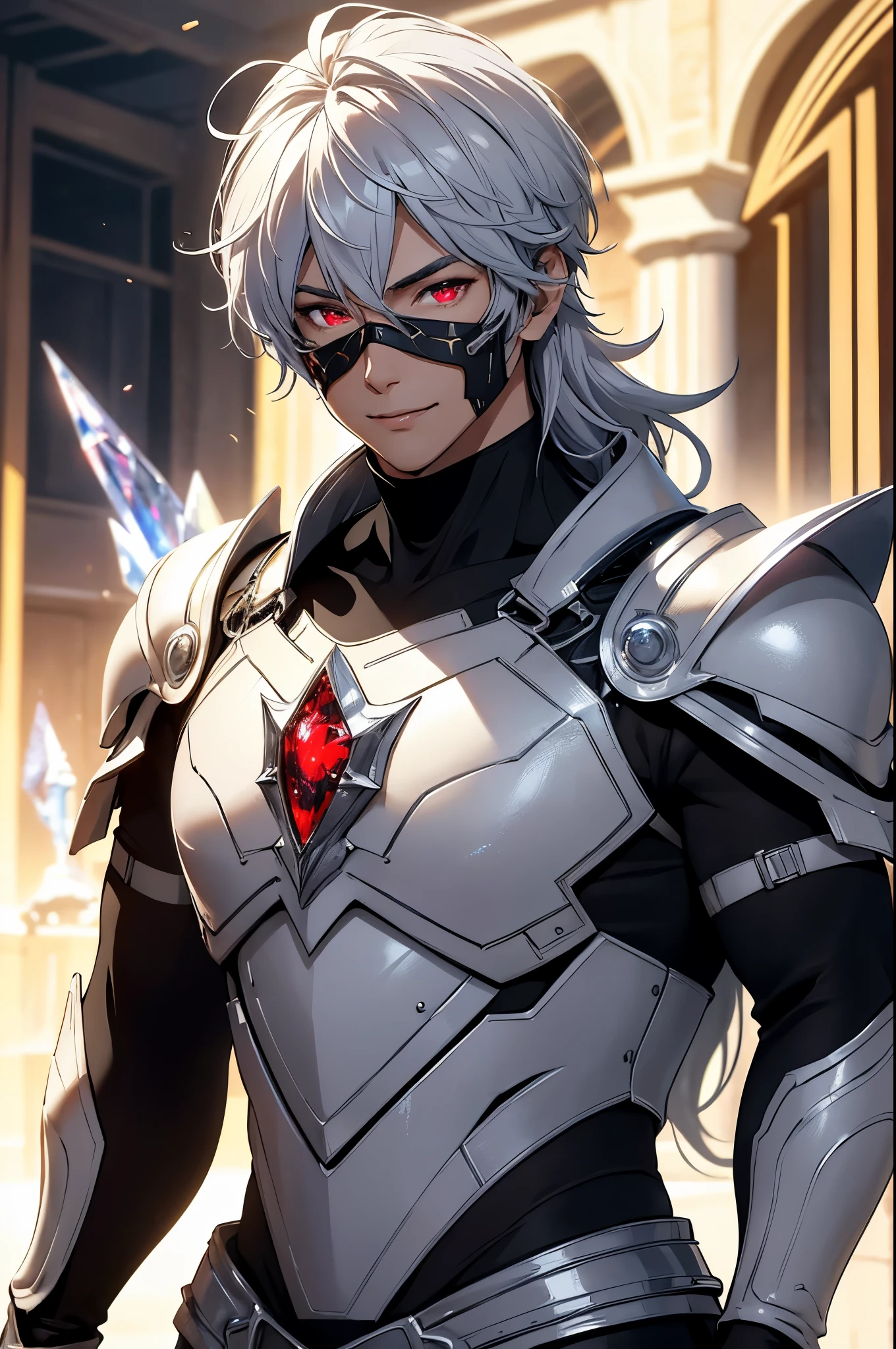 (masterpiece, Best Quality, absurdres, 8K resolution, HD wallpaper), cinematic lighting, raytracing, depth of field, Hyper Detailed, ((Solo Boy)), Handsome, Seductive smile, libido boy, silver hair, ((crystal red eyes,highly detailed CG, beautiful detailed eyes, super detailed)), (((white armor with black, science fiction))), (((background desert))),（neonlight, Vibrant glow, Dynamic color, Vivid Contrast, shiny reflective surfaces), cowboy shot, looking at viewer, upper body, muscular, mask