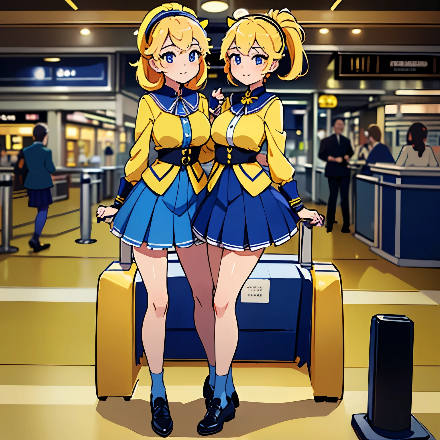 best quality, (masterpiece),(ultra-detailed), (high quality), (high resolution), (twins:1.5), yellow hair, royal blue wyes, yellow blouse with a royal blue jacket and a navy-blue mini skirt with pleats, fingerless black gloves, suede shoes, full body, headband, railway station, back to back
