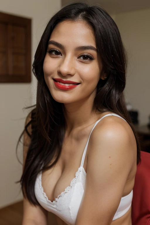 Brazilian, 25 years old, straight hair, dark skin, smiling with red lipstick