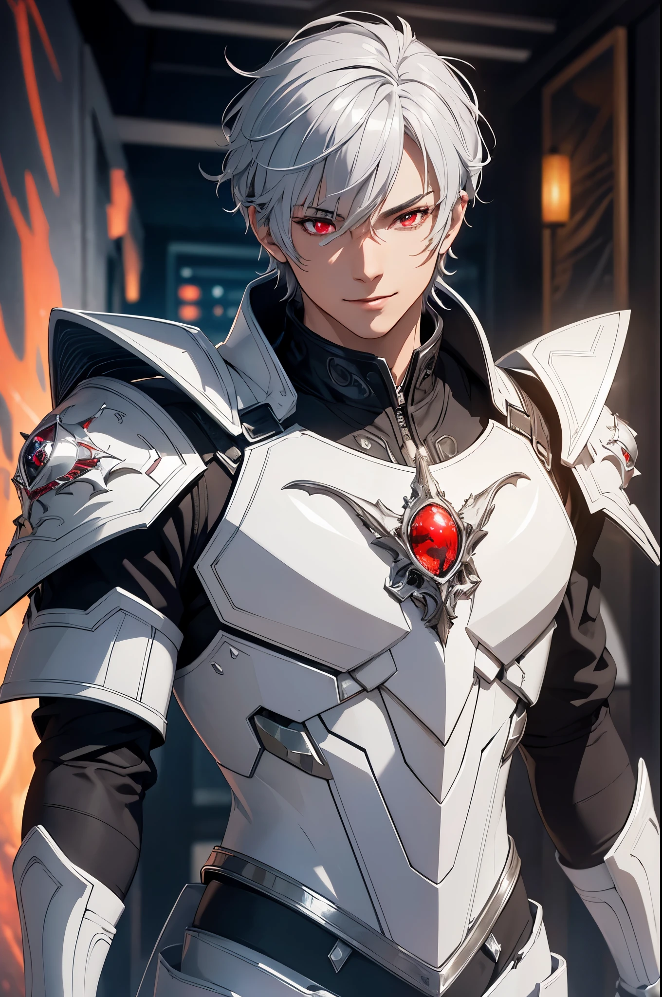 (masterpiece, Best Quality, absurdres, 8K resolution, HD wallpaper), cinematic lighting, raytracing, depth of field, Hyper Detailed, ((Solo Boy)), Handsome, Seductive smile, libido boy, silver hair, ((crystal red eyes,highly detailed CG, beautiful detailed eyes, super detailed)), (((white armor with black, science fiction))), (((background desert))),（neonlight, Vibrant glow, Dynamic color, Vivid Contrast, shiny reflective surfaces), cowboy shot, looking at viewer, upper body, muscular, mask