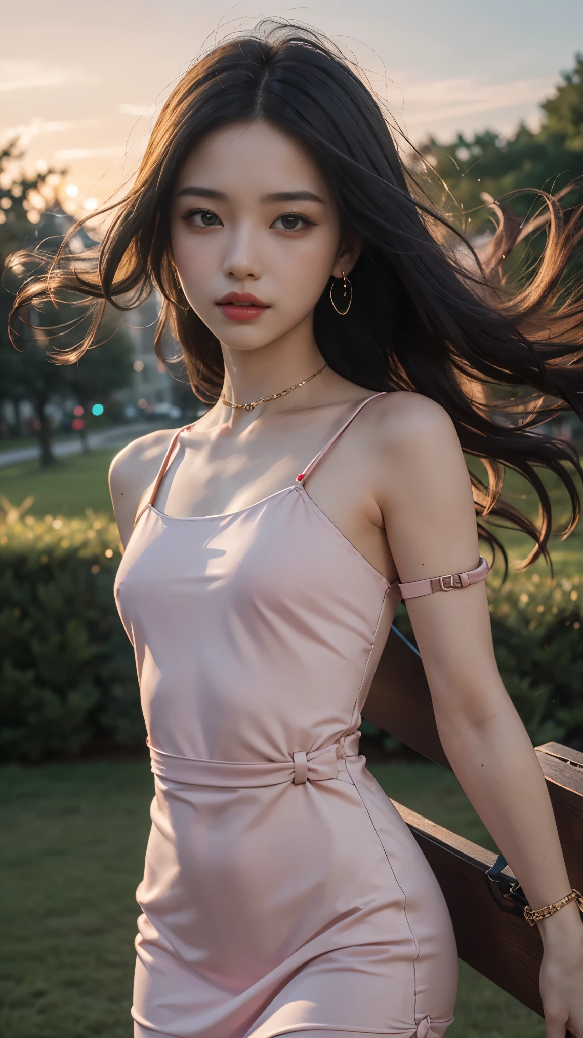 8k, masterpiece, 1 girl, beautiful face, very long hair, light makeup, detailed eyes, detailed lips, ((small Curved figure)), (simple dress:1.4), pink dress, (wearing jewellery), (strap:1.4), (bare shoulder:1), in the park, sunset, evening, blowing wind, hair spreading,