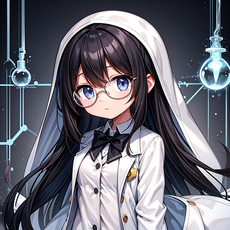 1 girl,long hair,chemist,white clothes,white coat over naked,Expressionless,smaller breasts,Normal height,black hair,round glasses,Department of Chemistry