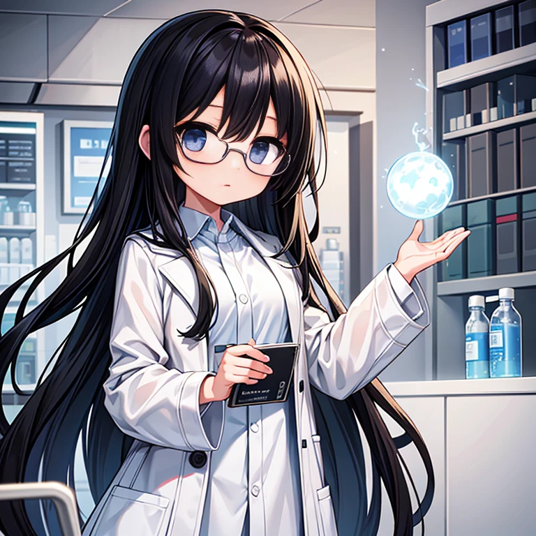 1 girl,long hair,chemist,white clothes,white coat over naked,Expressionless,smaller breasts,Normal height,black hair,round glasses,Department of Chemistry