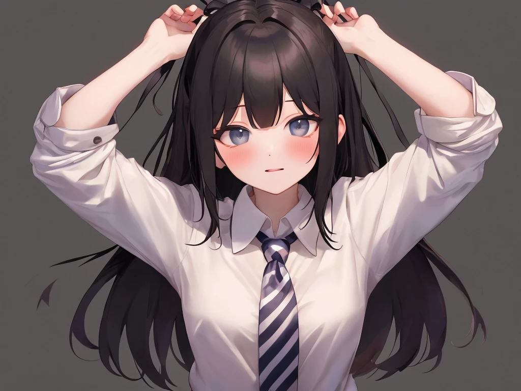 plump woman,Has long black hair tied up in a messy manner,bangs,White shirt with striped tie,clothes dark background,small breasts,Expressionless