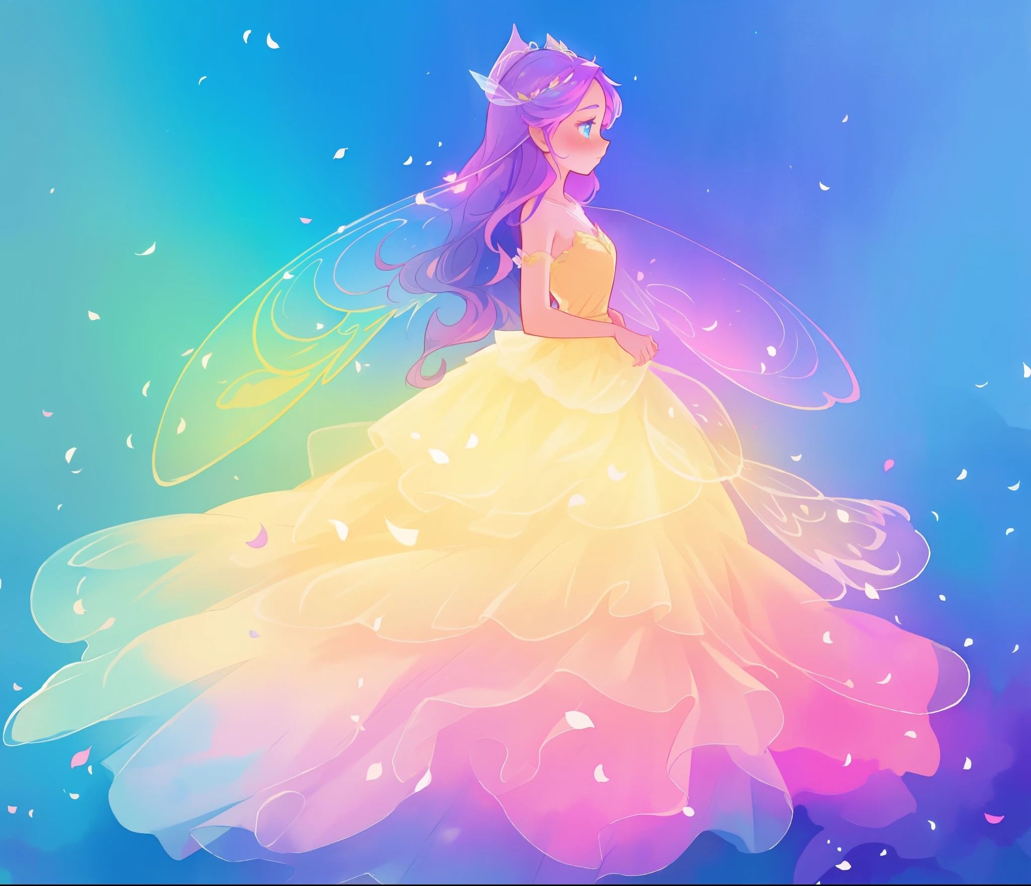 beautiful girl in tiered gradient ballgown dress, gradient colorful dress, ((layered flower petal skirt)), fairy dress, fairy queen, magical fantasia background, (glowing fairy wings), glowing flowing ballgown, long wavy hair, sparkling fairy wings, watercolor illustration, inspired by Glen Keane, inspired by Lois van Baarle, disney art style, jen bartel, beautiful digital illustration, beautiful, masterpiece, best quality, anime disney style